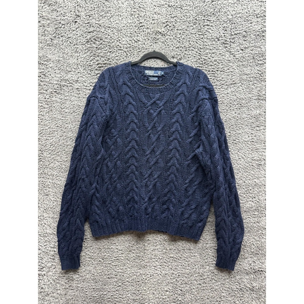 Vintage Polo Ralph Lauren Pima Cotton Hand Knit Sweater Navy Blue Mens Size XL